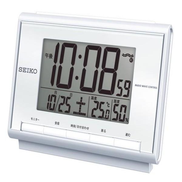 SEIKO セイコー 目覚まし時計 電波 デジタル カレンダー 温度 湿度 白パール SQ698S