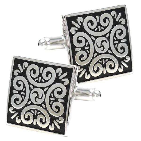 カフス スクエア ブラック シルバー柄 カフリンクス メンズ スーツ 結婚式 誕生日 シャツ プレゼ...