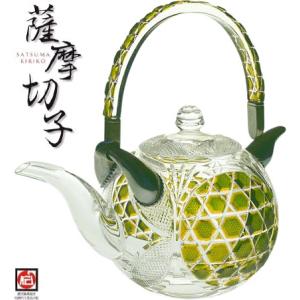 伝匠 薩摩切子 秀逸品 ちろり ( 緑 ) 六角籠目に魚子文 クリスタル