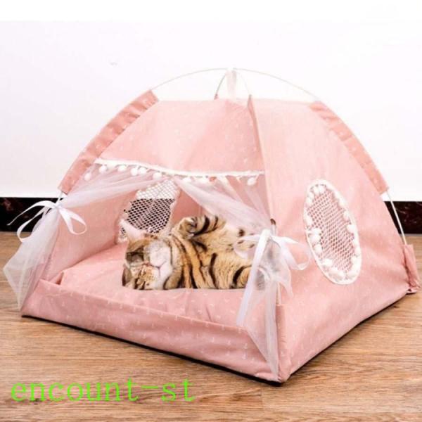 猫ベッド 猫ハウス 猫テント ペットテント ドーム 通気性いい メッシュの窓付き お姫様風 洗える ...