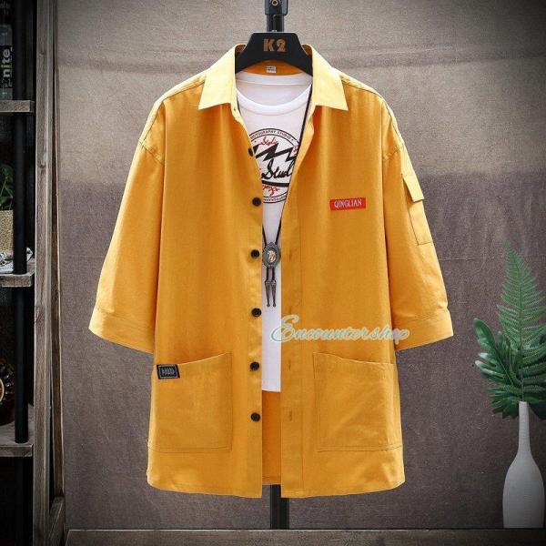 メンズ 七分袖シャツ シャツ 無地 ワンポイント ポケット付き ワークスタイル お兄系 カジュアル ...