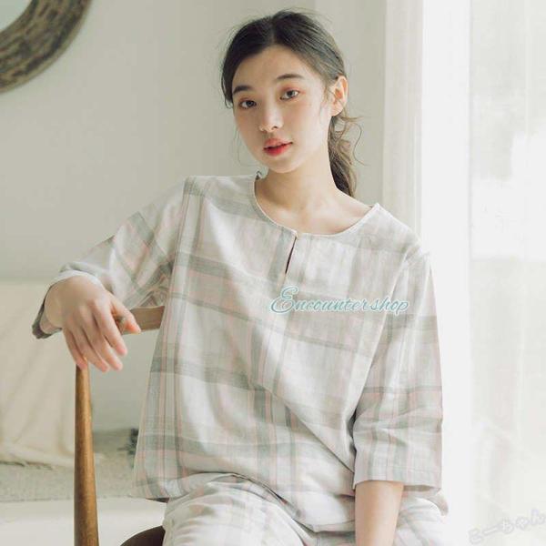 パジャマ レディース 綿100％ 半袖 ダブルガーゼ コットン  チェック柄 夏 母の日 大人用 レ...