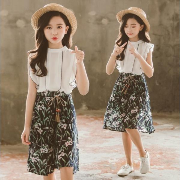子供服 女の子 おしゃれ セットアップ キッズ 春夏 トップス 半袖 ブラウス tシャツ ガウチョパ...