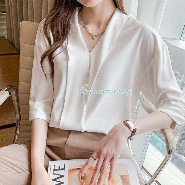 シャツ Vネック ブラウス レディース 長袖 トップス きれいめ オシャレシンプル 無地 大人 Vネ...