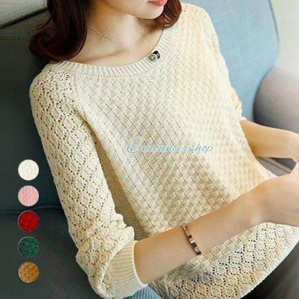サマーニット 春 夏 七分袖 レース 編み ボードカラー 可愛い 透け レディース セーター 秋 薄...