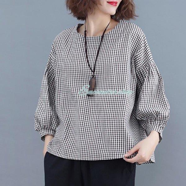 ブラウス シャツ ギンガム チェック柄 長袖 可愛い ボートネック レディース 春 夏 秋 着心地 ...
