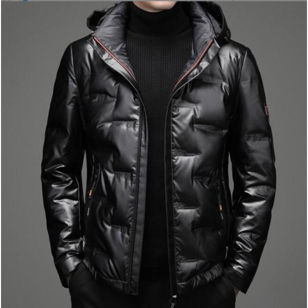 ダウンジャケット シームレスダウン メンズ  ハイネック バックプリント アウター フード付き 撥水...