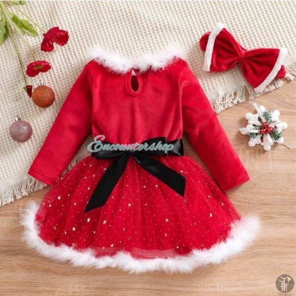 子供 サンタドレス ヘアバンド付き ２点セット サンタ衣装 クリスマス衣装 ファー 女の子 ワンピー...