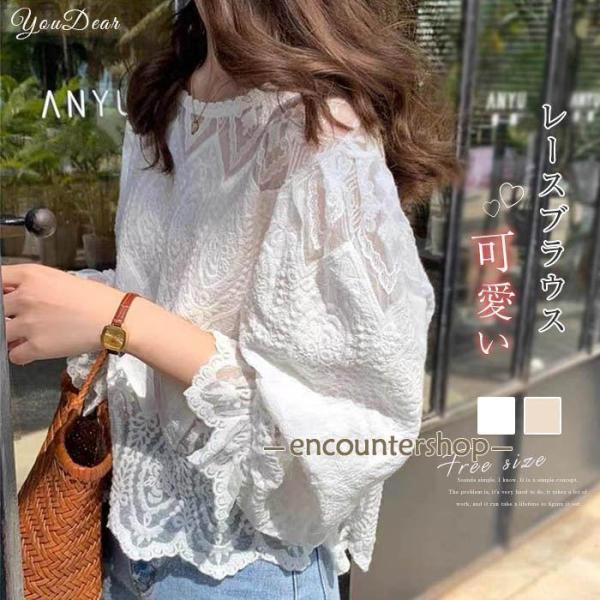 ブラウス 透かし編み 花柄 長袖 シャツブラウス レディース トップス プルオーバー tシャツ レー...