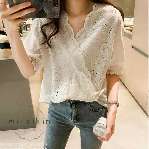 ブラウス レディース 春 夏 春夏 白 トップス Vネック レース チュニック 半袖 Yシャツ 5分...