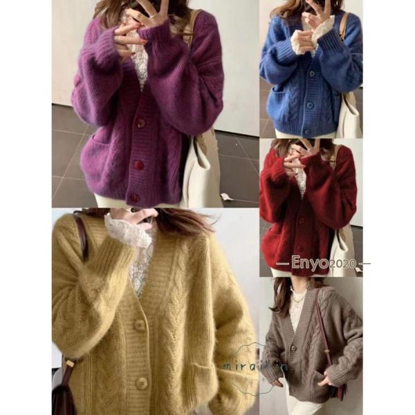 カーディガン レディース ニット Vネック ゆったり 体型カバー 保温 ふわふわ レトロ 可愛い リ...