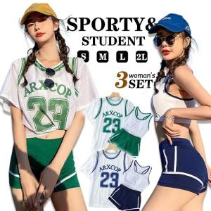 水着 レディース 3点セット 体型カバー 上下セット スポーティー パッド付き セパレート Tシャツ 半袖 夏 韓国風 女の子 学生 中学生 高校生 露出控えめ｜encountershop