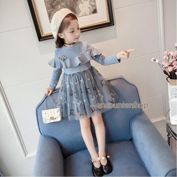 女の子 春 秋 グレー ワンピース 長袖 チュール スカート 丸襟 花つき 刺繍 発表会 結婚式 入...