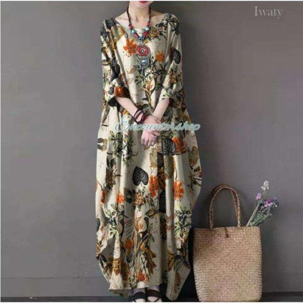 大きいサイズドルマンスリーブプリントワンピース