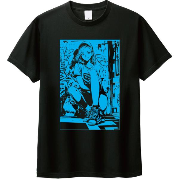[全5色] ストリート系 アニメ イラスト プリントTシャツ グラフィティ ポップガール 黒ボディ ...