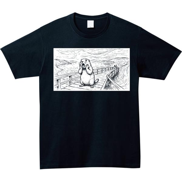 ムンクの叫び パロディマーモット おもしろ Tシャツ 白プリント 叫ぶ動物 ゆるい シュール かわい...