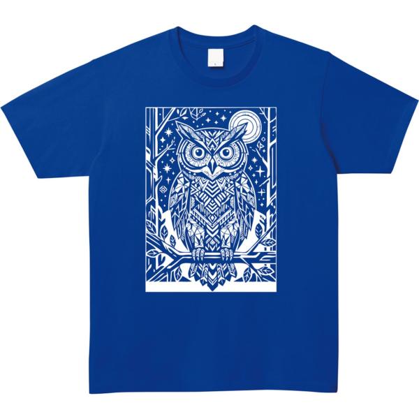 【全2色】幸運を呼ぶフクロウ Tシャツ 幾何学模様 ホワイトプリント｜ ユニセックス 北欧風 ジオメ...