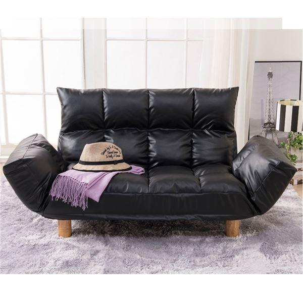 ふかふか カウチソファ ブラックレザー調 肘付 コンパクト 脚付 リクライニング フロアソファ ロー...