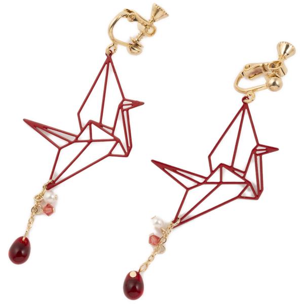 おめでたいモチーフとされる鶴のロング イヤリング ニッケルフリー レッド 67mm 縦長ライン効果で...