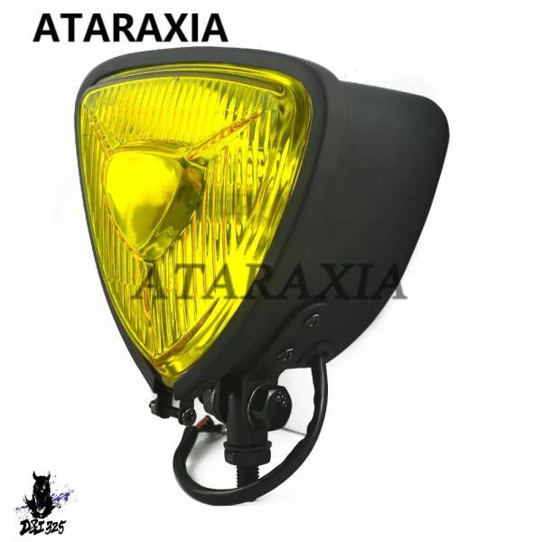 互換品  バイクトライアングルヘッドライトアンバーフロントヘッドランプ H4 12V ライトレトロ灯...