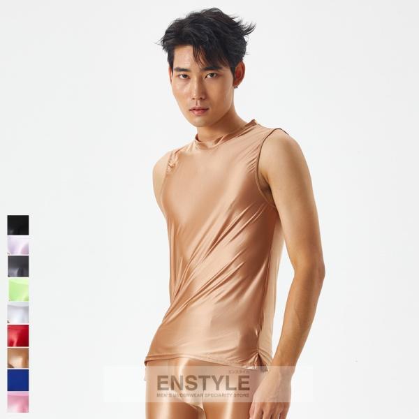 ノースリーブシャツ 光沢サテン風 メンズ 紳士 タンクトップ シンプル 無地 袖なし ストレッチフィ...