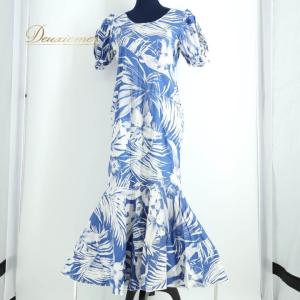 【中古】フラダンス 衣装 ワンピース ドレス ブルー系 フラ ダンス 青 白 花柄 ヤシ柄 ハワイアン アロハ 爽やか 軽い ハワイアンプリント 華やか 半袖 絞り …