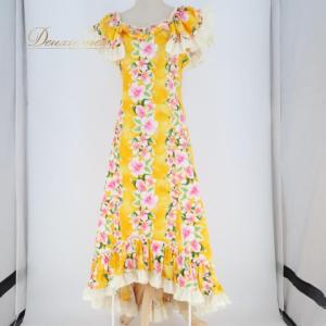 中古 Royal Creations フラダンス 衣装 ワンピース ドレス イエロー系 ハワイ製 アシンメトリー フリル ハイビスカス柄 かわいい 華やか 鮮やか 明るい 元…