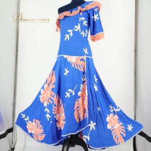 【中古】AREMITI アレミティ フラダンス 衣装 ワンピース ドレス ブルー系 肩出し オフショルダー ワンオフショル レース 花柄 スリット 可愛い 華やか 鮮やか…
