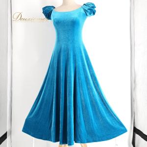 フラダンス 衣装 CC Fashions CCファッション ワンピース ドレス ブルー系 ハワイ製 ワンカラー ベロア 無地 光沢 上品 きれい