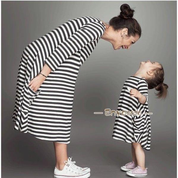 親子ペア 子供服 綿100% ワンピース ストライプ マキシ丈 無地 ワンピース 女の子 親子服 キ...