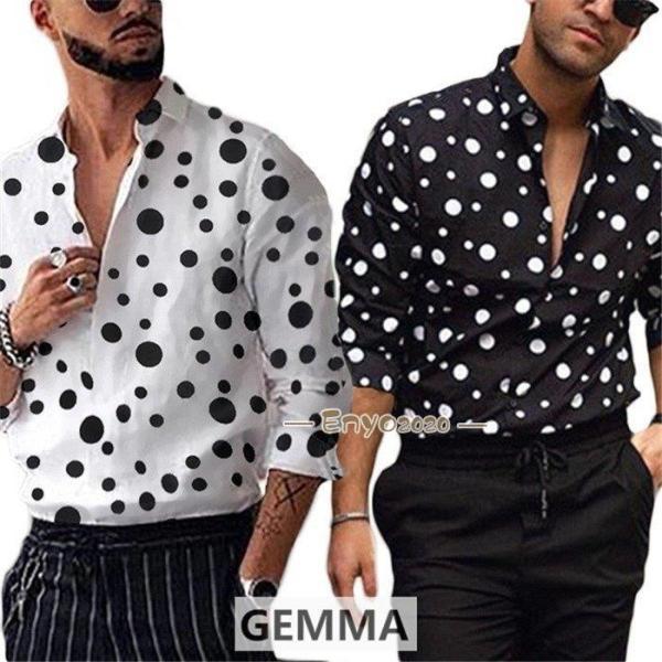 シャツ メンズ ドット 水玉 カジュアルシャツ きれいめ着こなし ドット柄  ドレスシャツ 欧米風 ...