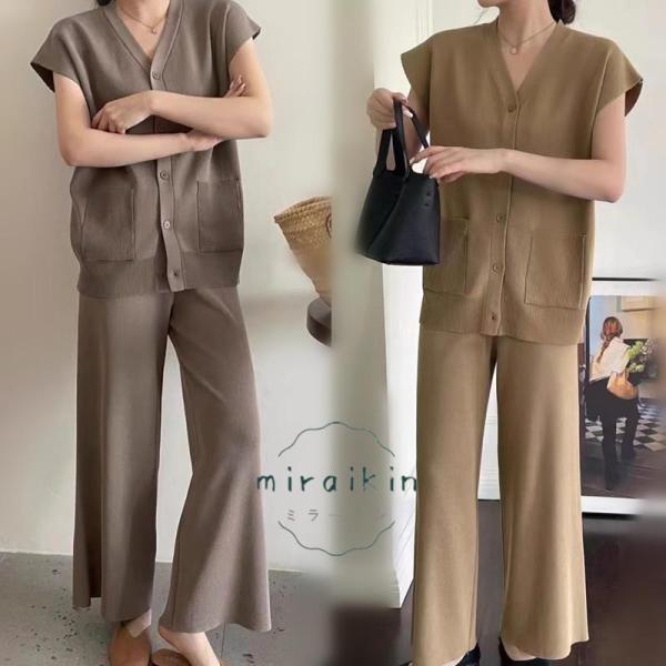 セットアップ レディース 夏 ニット フレンチスリーブ トップス ワイドパンツ 50代 40代 30...