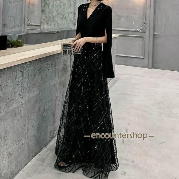 おしゃれ ロング ドレス パーティードレス 個性的 黒 袖あり カッコイイ vネック 結婚式 二次会...