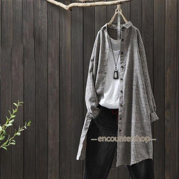 リネンシャツ レディース トップス 長袖 リネン風 ボーダー ブラウス ロングシャツ 無地 羽織 春...