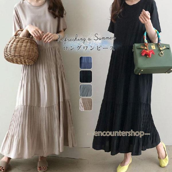 ワンピース ロング レディース 30代 40代 50代 半袖 春 夏 きれいめ 五分袖 プリーツワン...