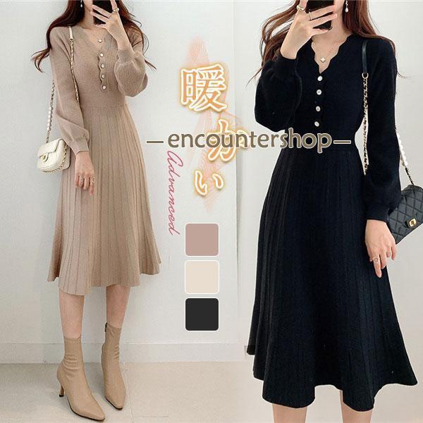 ニットワンピース レディース セーター 膝丈 プリーツ 可愛い ロング丈 秋 冬 上品 通勤 無地 ...