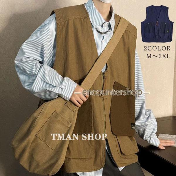 ベスト メンズ ワークベスト ポケット付き サマーベスト チョッキ アウトドア シングル 前開き カ...