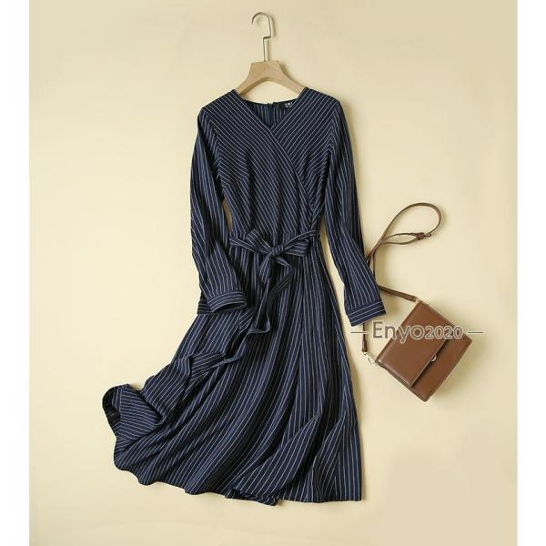 綿麻混紡のストライプ柄長袖ワンピース レディース Vネック コットン リネン 紐ベルト 着痩せ ロン...