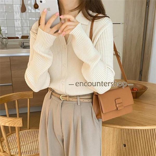 カーディガン リブニット レディース トップス ニット 襟付き ボタン 秋 春 vネック 襟付き リ...