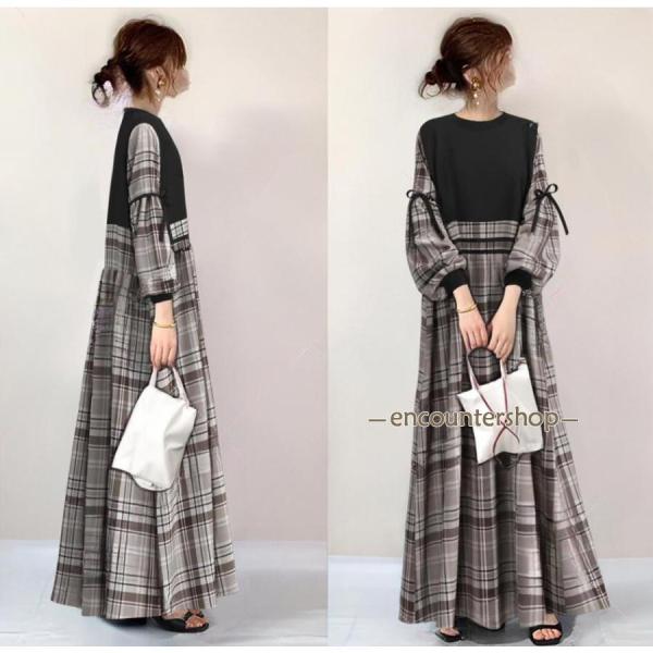 ワンピース40代 秋服50代 レディース 長袖 丸首 パフスリーブ ドッキングワンピース 切り替え ...