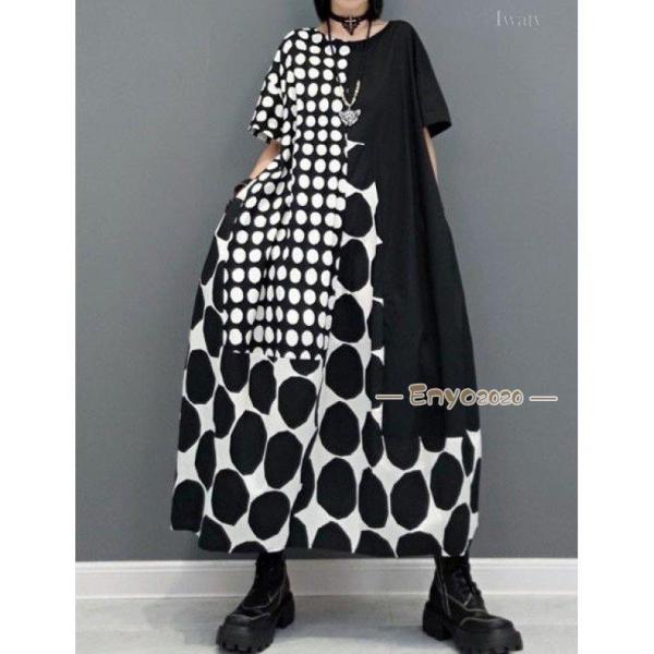 韓国系大きいサイズドット柄プリント着〓せワンピース