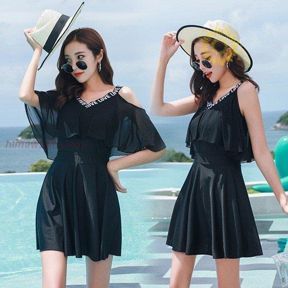 水着レディース 体型カバー 水着 ワンピース型 セパレート 肩出し 小胸バンドゥ 水着2点セット 黒...