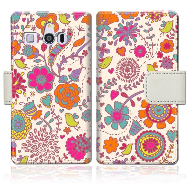 シンプルスマホ3 509SH 手帳型スマートフォンケースカバー 花小鳥デザイン