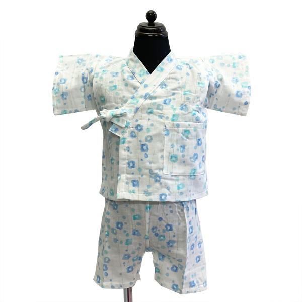 甚平 ベビー No.44 女の子 男の子 ユニセックス 子供 80cm 生成 水色 花柄 ダブルガー...