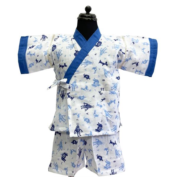 甚平 ベビー No.45 男の子 子供 80cm 白 空色 ロボット柄 ダブルガーゼ 昭和レトロ 夏...