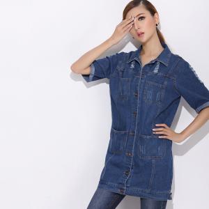 海外セレブファッション デニム ダメージ ロング シャツ レ...