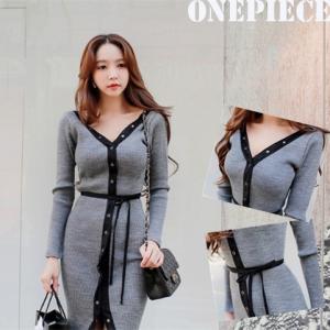 長袖 ミドル タイト ミモレ丈 ロングカーデ風 ニットソー ニット ワンピ OP レディース 3700092606