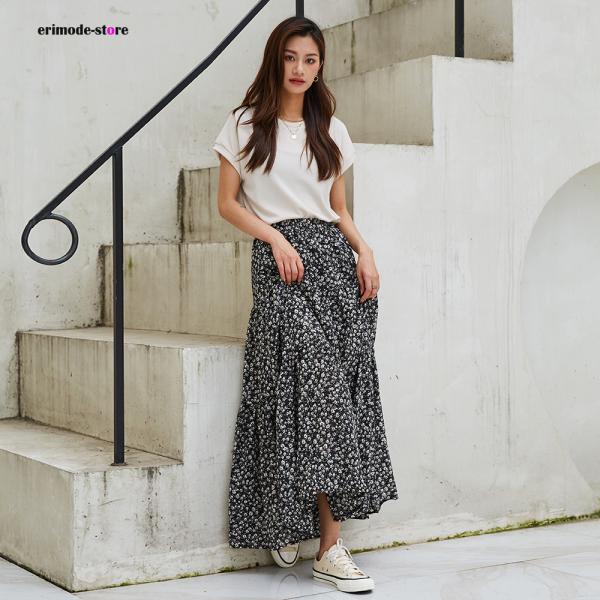花柄 シフォン ロングスカート 秋 スカート ロング丈スカート オールシーズン フレアスカート スエ...