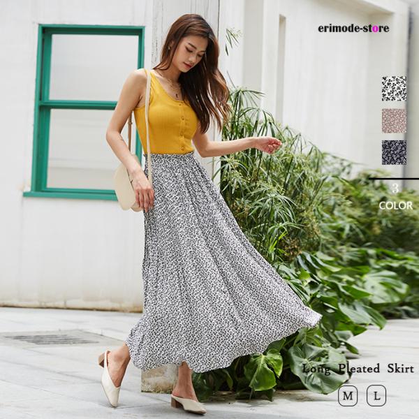 ナチュラル 上品 花柄プリーツスカート プリーツロングスカート プリーツスカート 花柄 ウエストゴム...