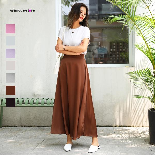 サテンフレアロングスカート フレアスカート ロング スカート サテンスカート Aライン ロングスカー...